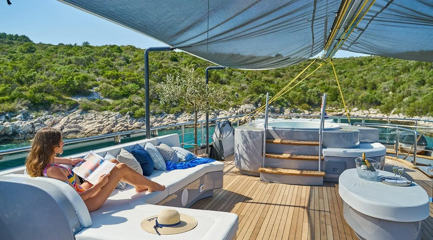 Sun deck of Gulet Rara Avis with seating, shade, and sea view