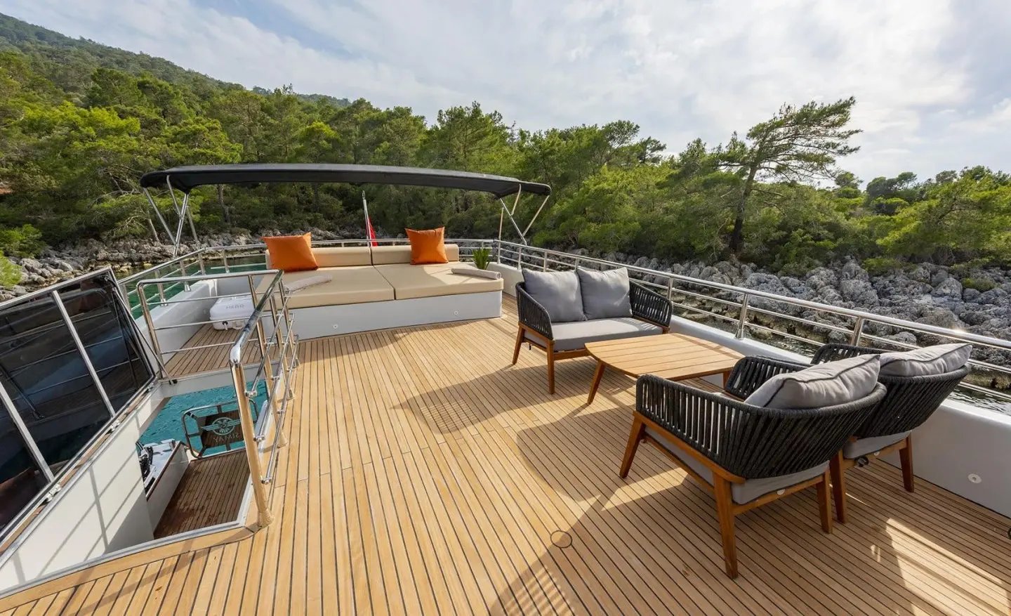 Simay M yacht deck at sunset with seating, wood decking, and distant water