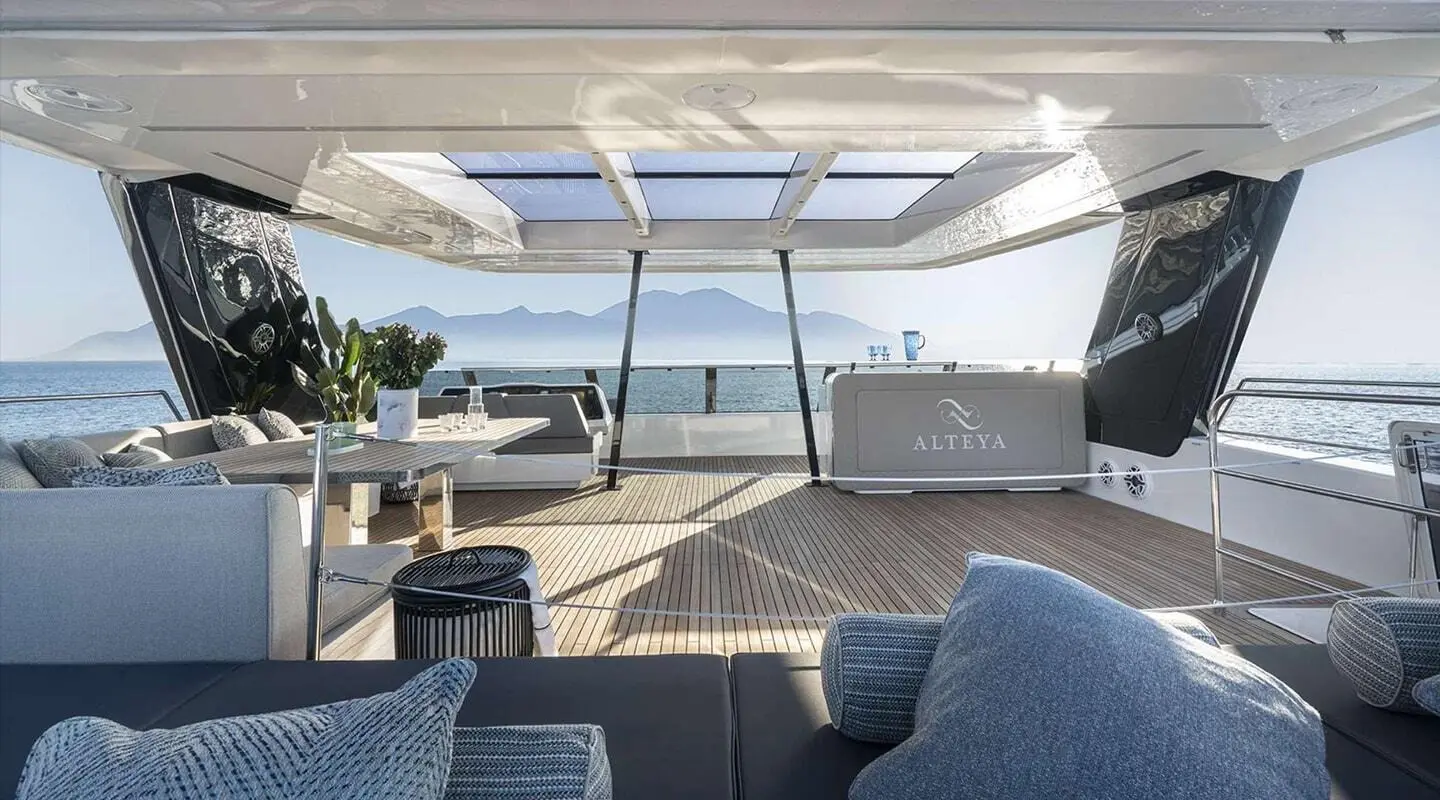 Alteya yacht aft deck with shaded seating area