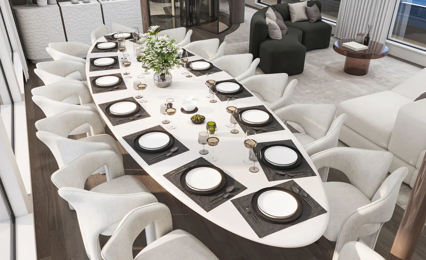 Yacht Bello dining area with long table set for guests on deck
