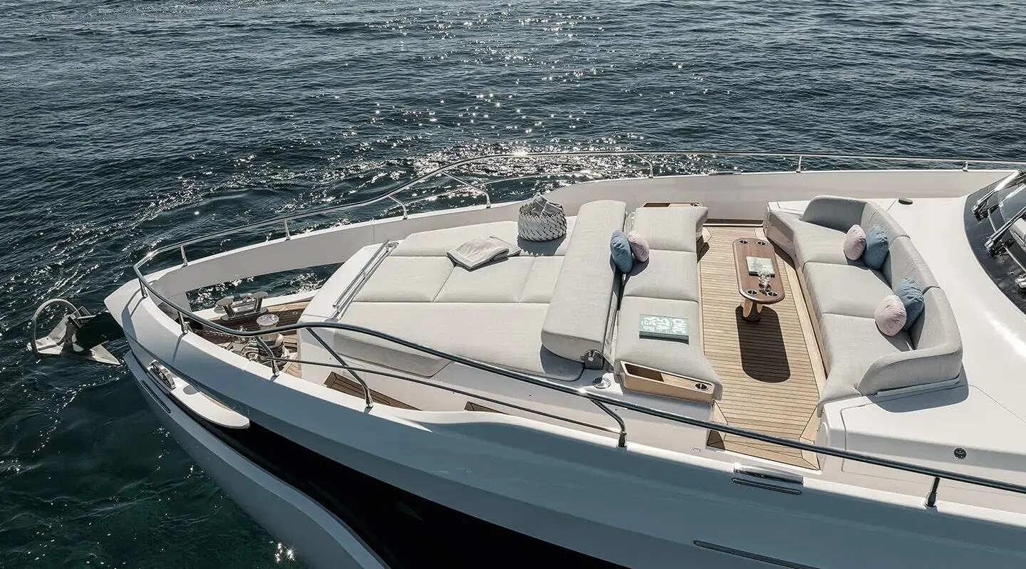 Viva II motor yacht bow deck with seating area overlooking sea