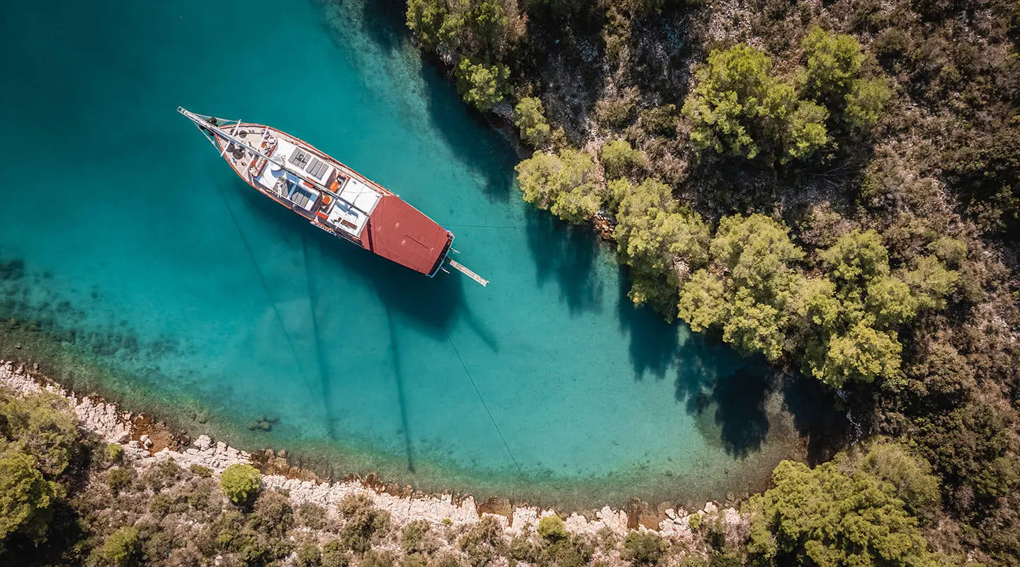 Gulet yacht afloat in turquoise water near trees and rocky shore