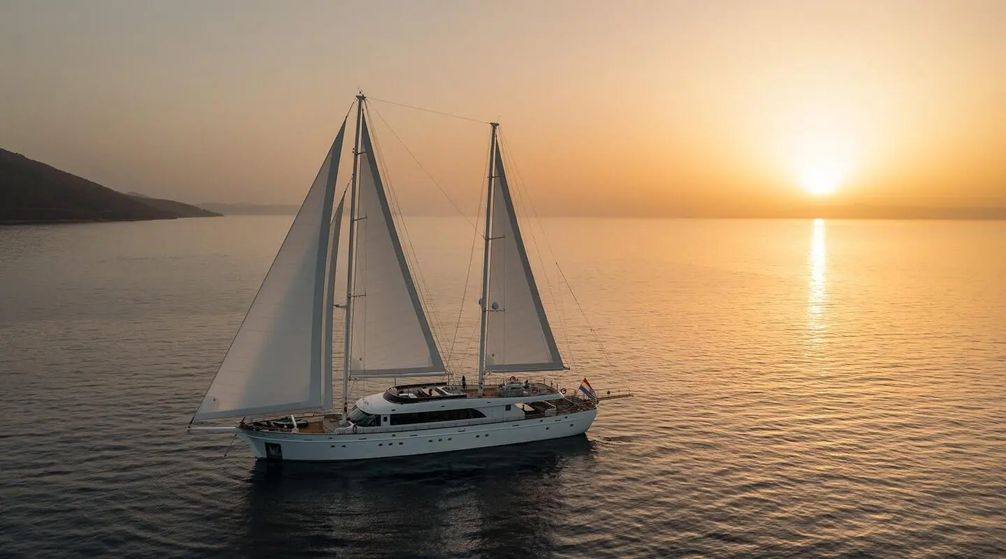 Sailing luxury yacht with two masts at sunset on calm sea, open deck