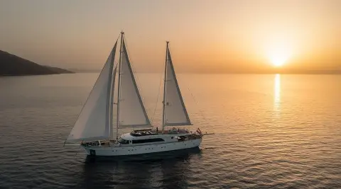 Sailing luxury yacht with two masts at sunset on calm sea, open deck
