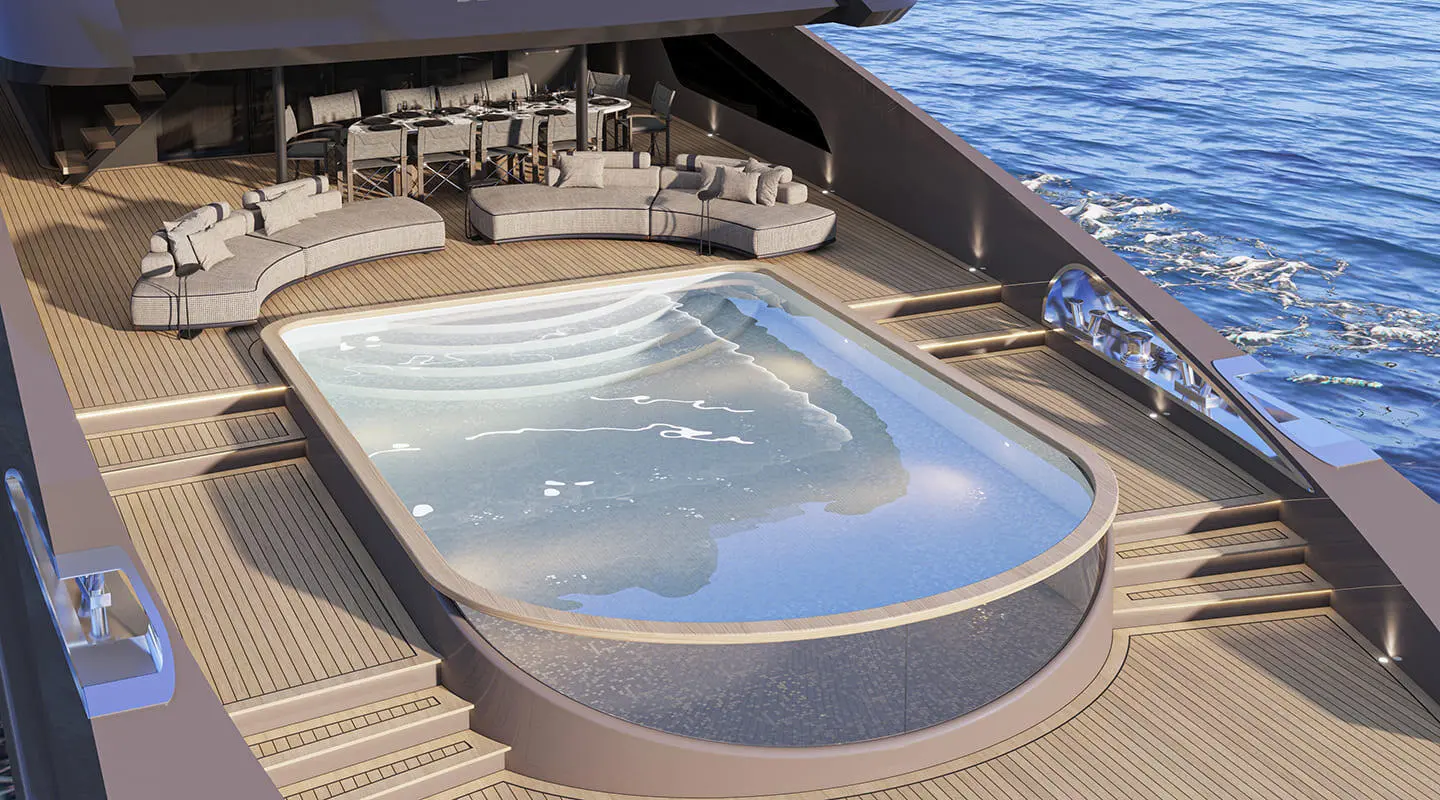 Bello luxury yacht pool at deck edge with clear water and sunlit surroundings