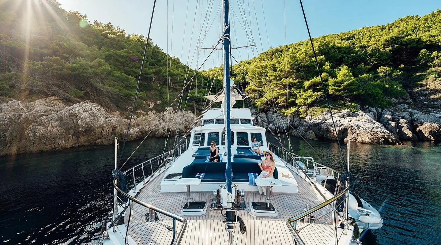 View from bow of Maske gulet sailing yacht, deck with lines and rigging