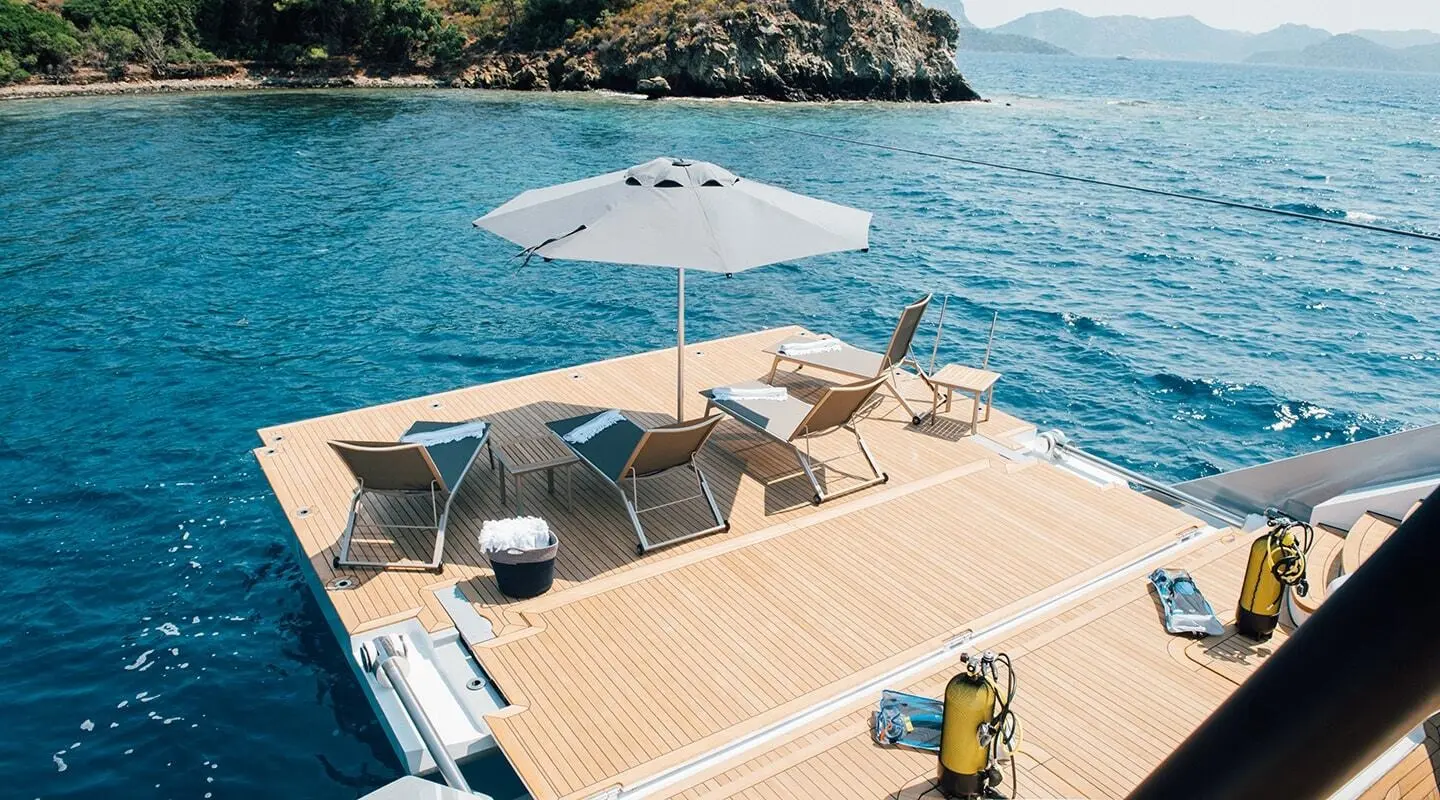 All About U 2 motor yacht deck with sunshade and outdoor seating