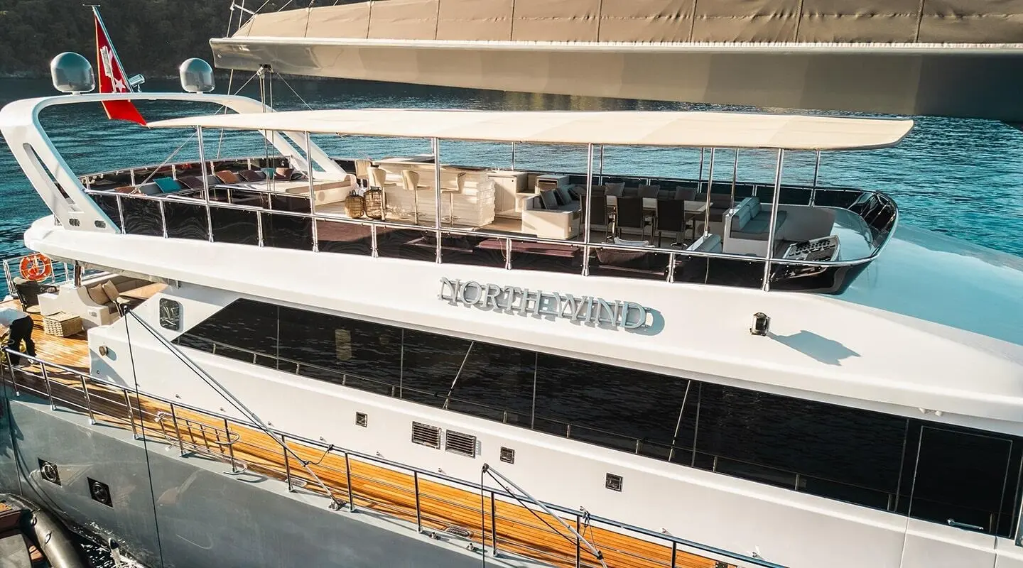 Exterior view of North Wind yacht docked alongside a pier with dark blue water