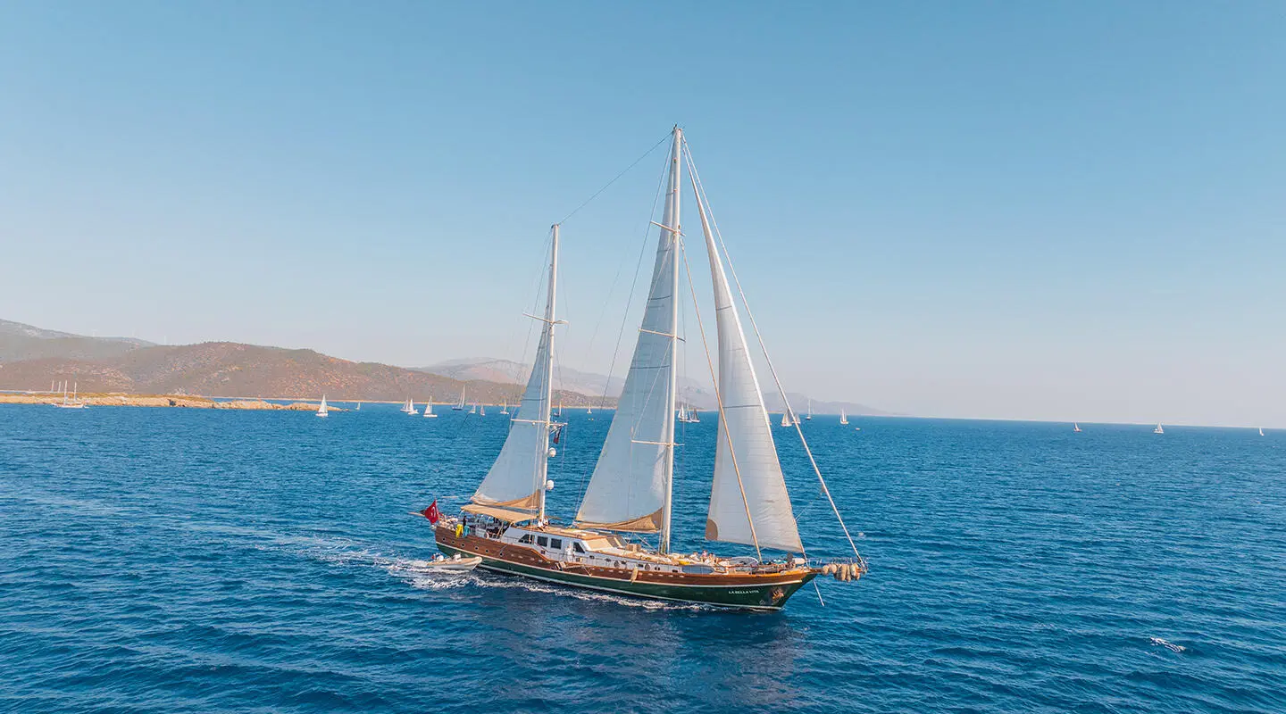 La Bella Vita sailing yacht under full white sails on blue sea
