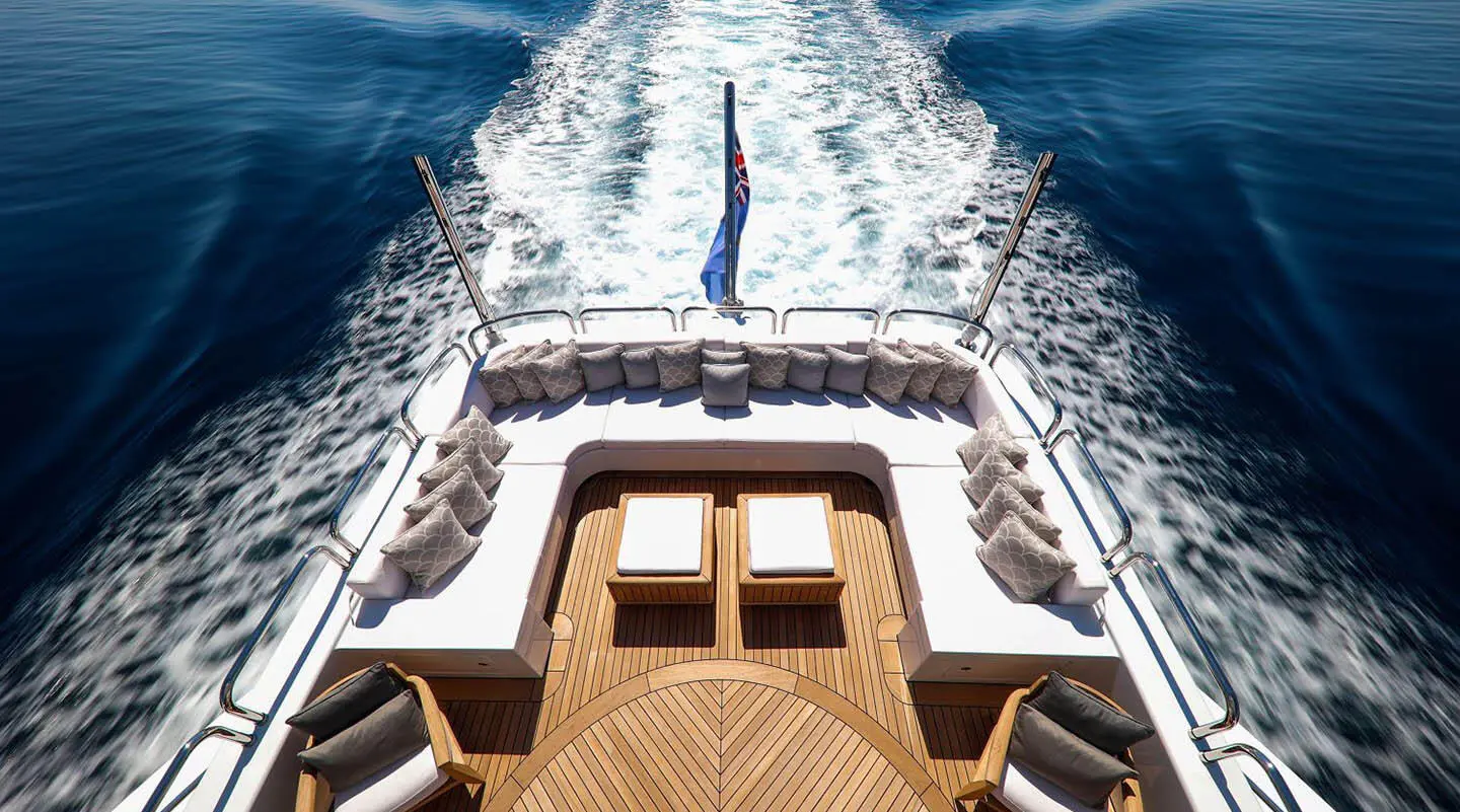 Top deck view of Alalya yacht with wooden stairs and white railings at sea