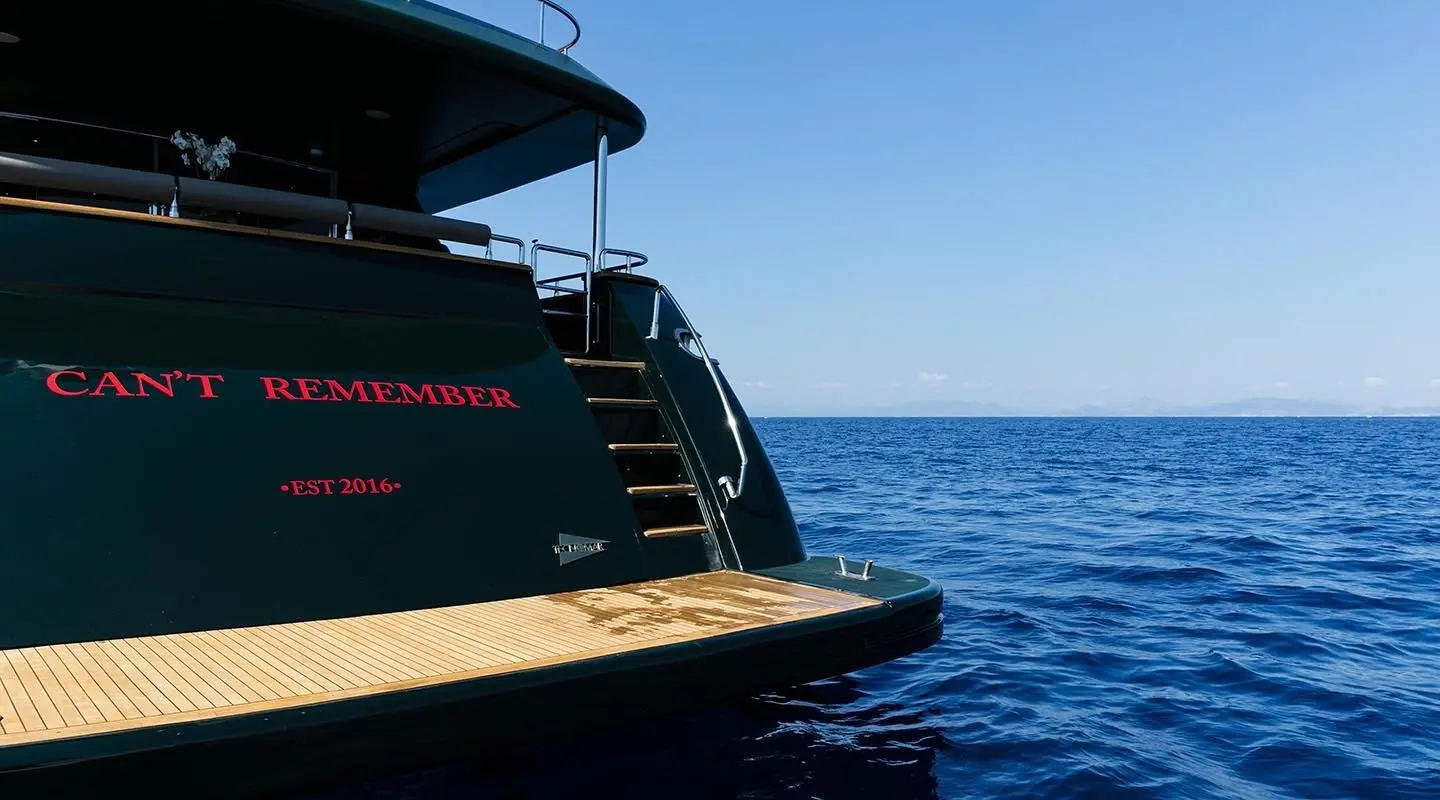 Motor yacht Cant Remember with a swim platform at the rear by the blue sea