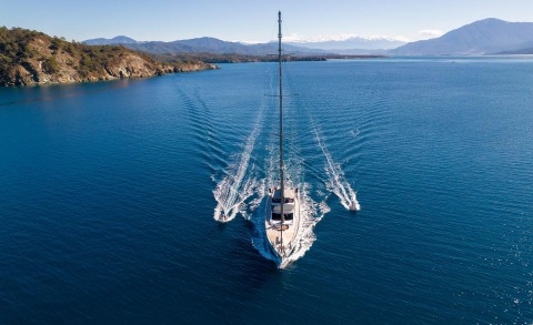 Gulet Long Island sailing yacht anchored in blue open sea
