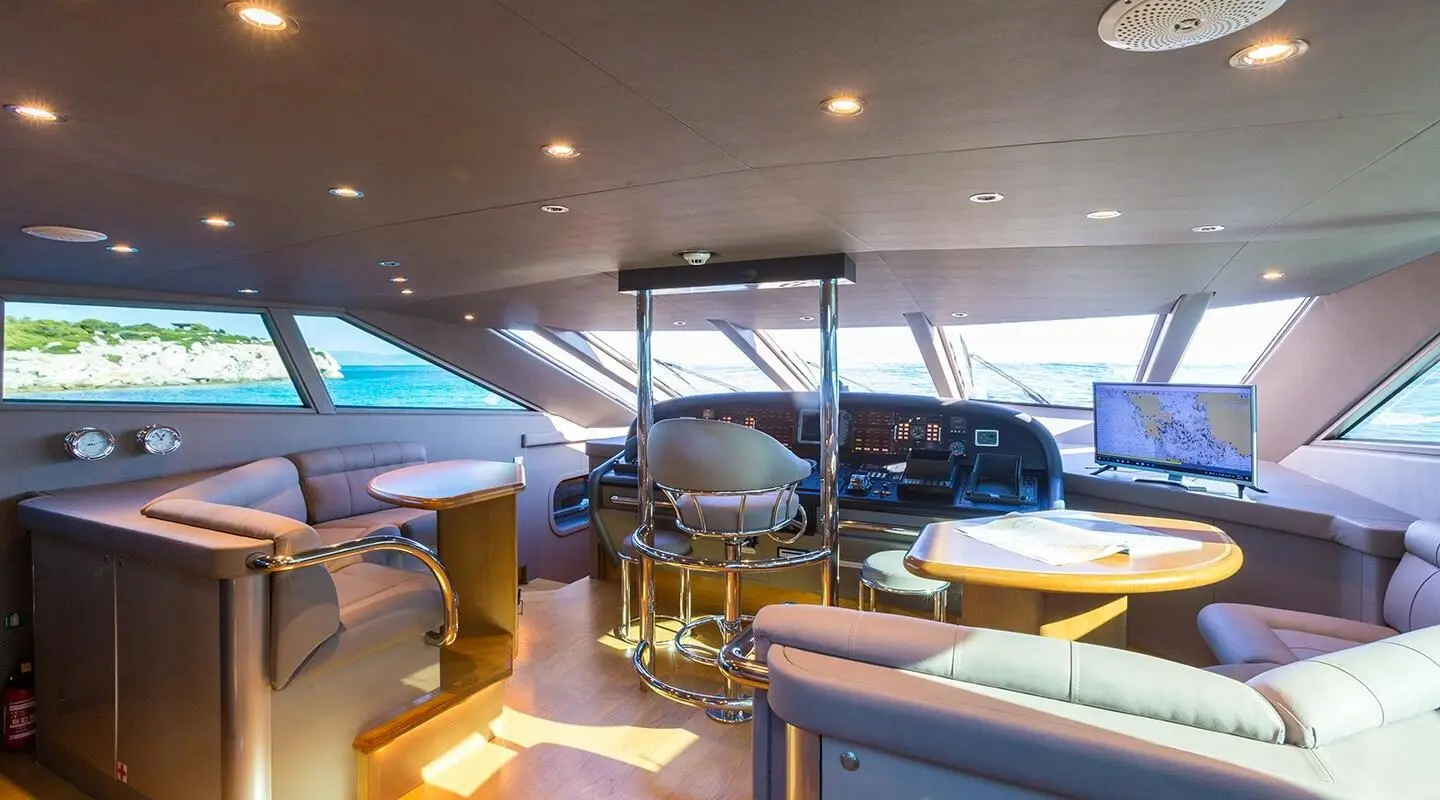 Interior of Aquarella motor yacht with seating area and tiled floor