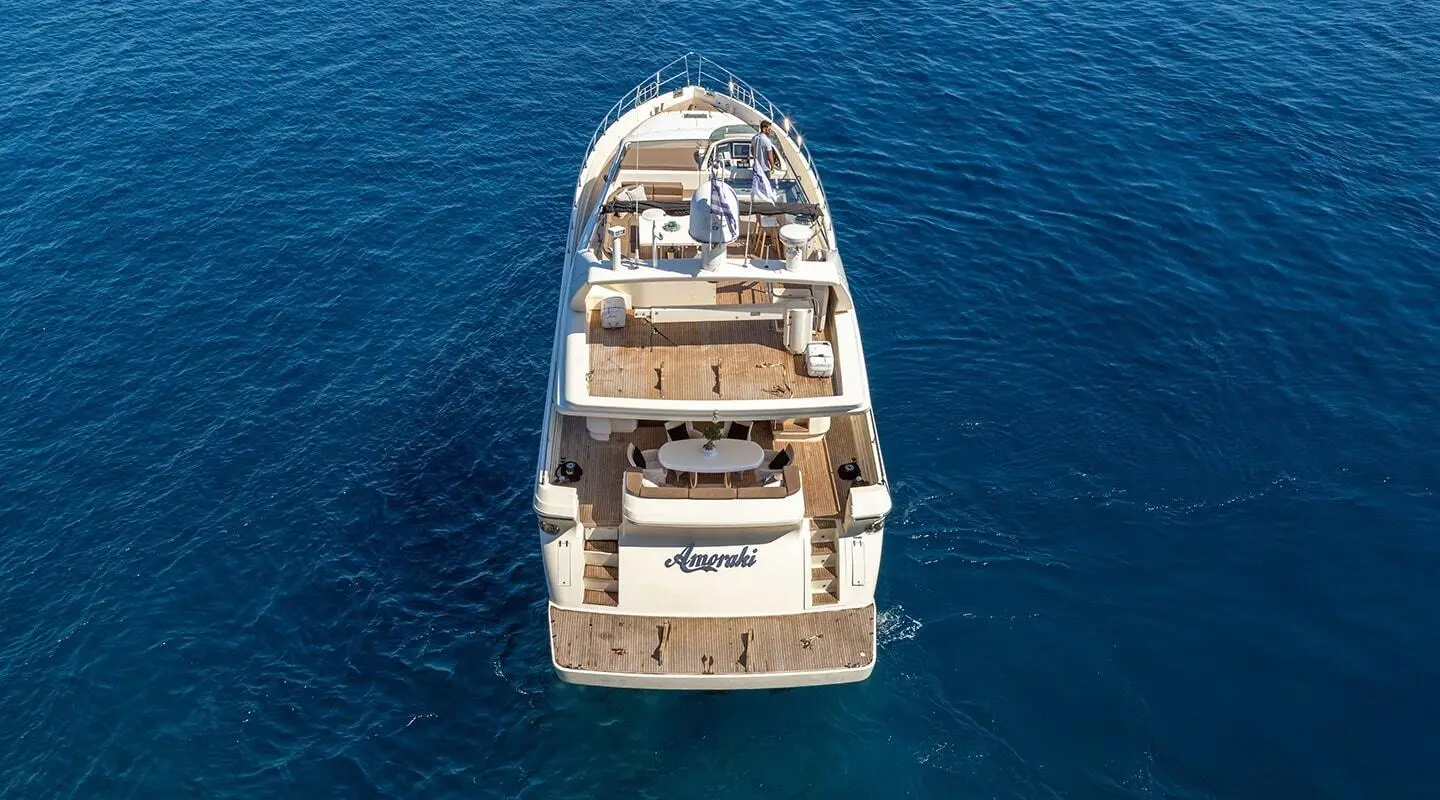 Top-down view of Amoraki yacht anchored in blue water, deck layout visible