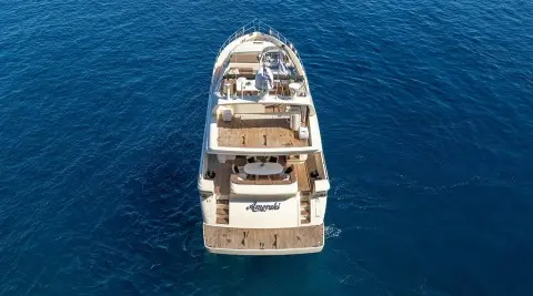 Top-down view of Amoraki yacht anchored in blue water, deck layout visible