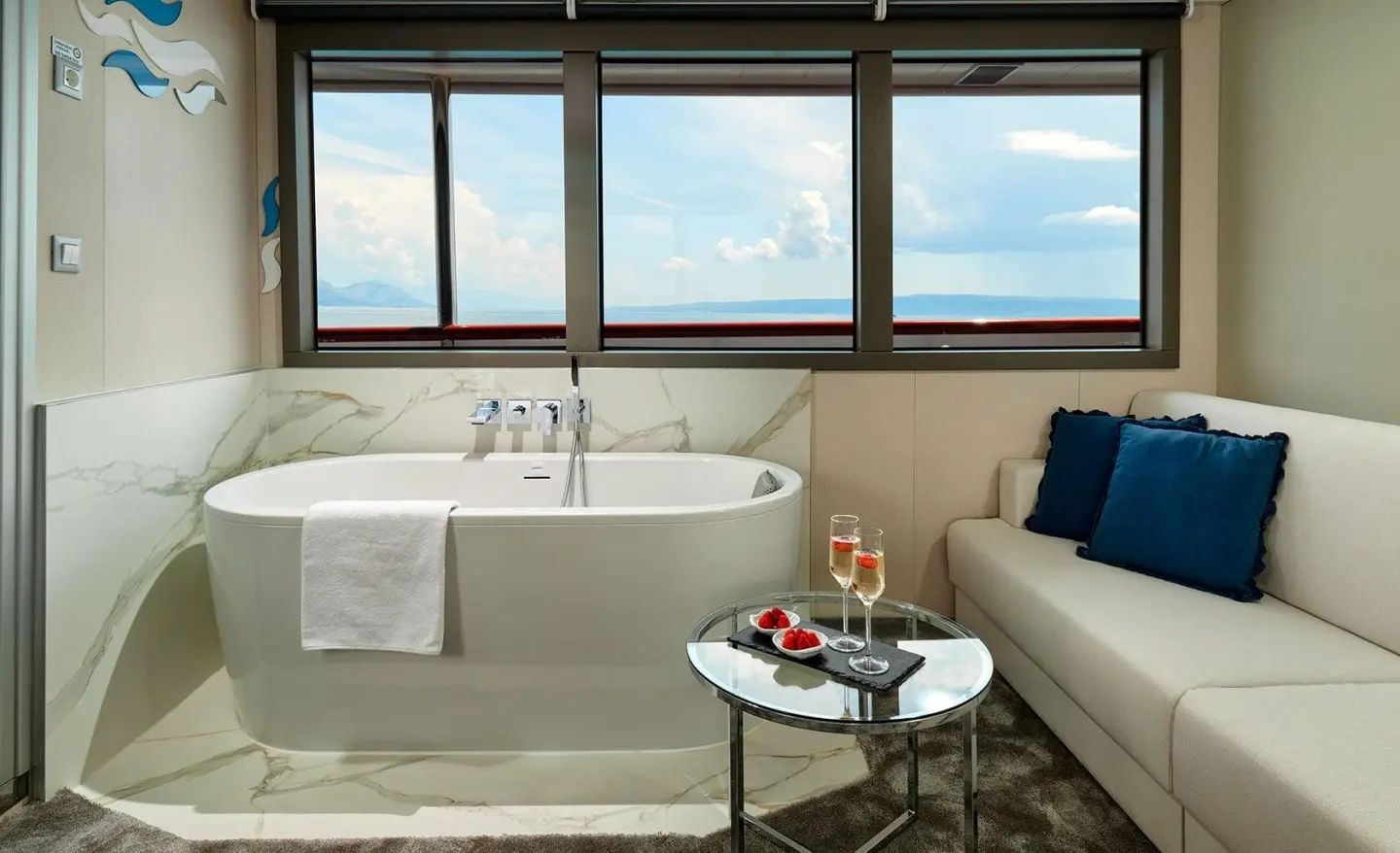 Ohana motor yacht master cabin with windows and sea view interior