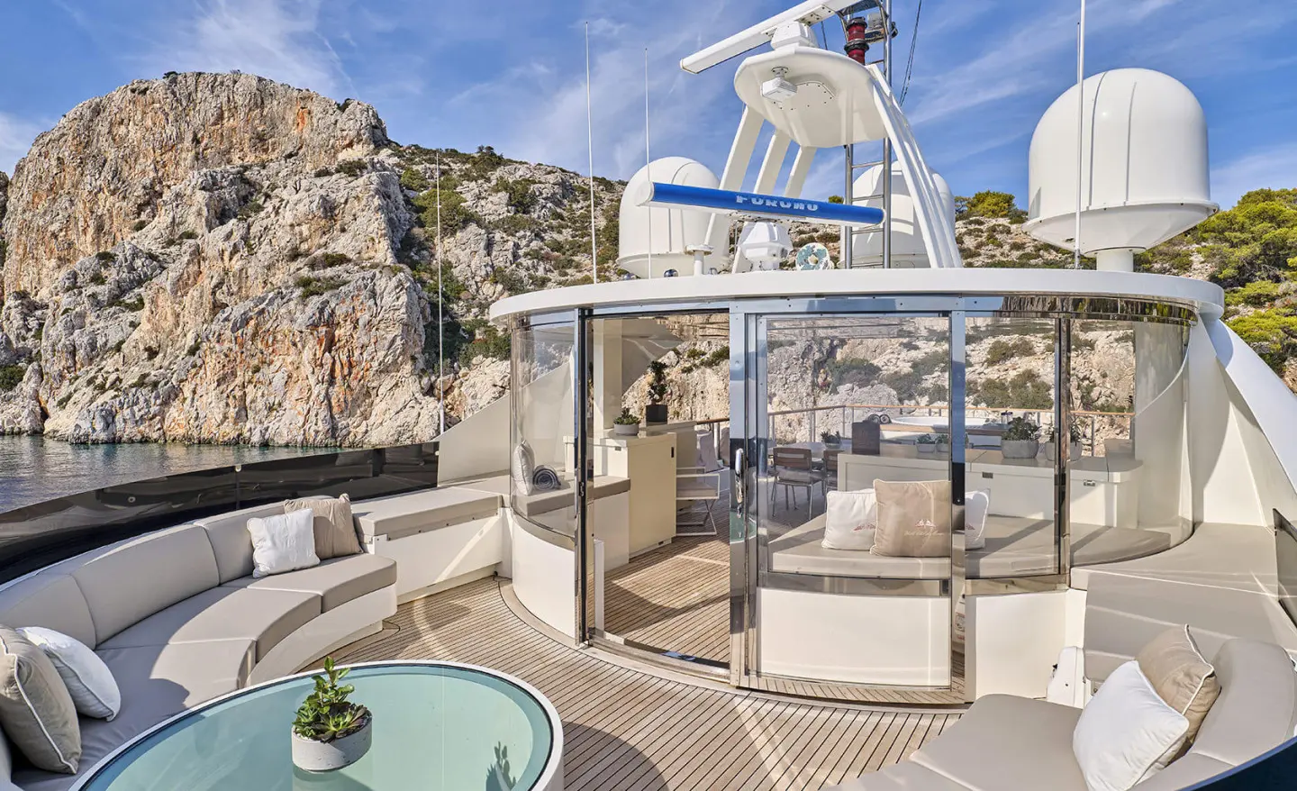 La Pellegrina 1 yacht at sunset with deck seating and glass railing