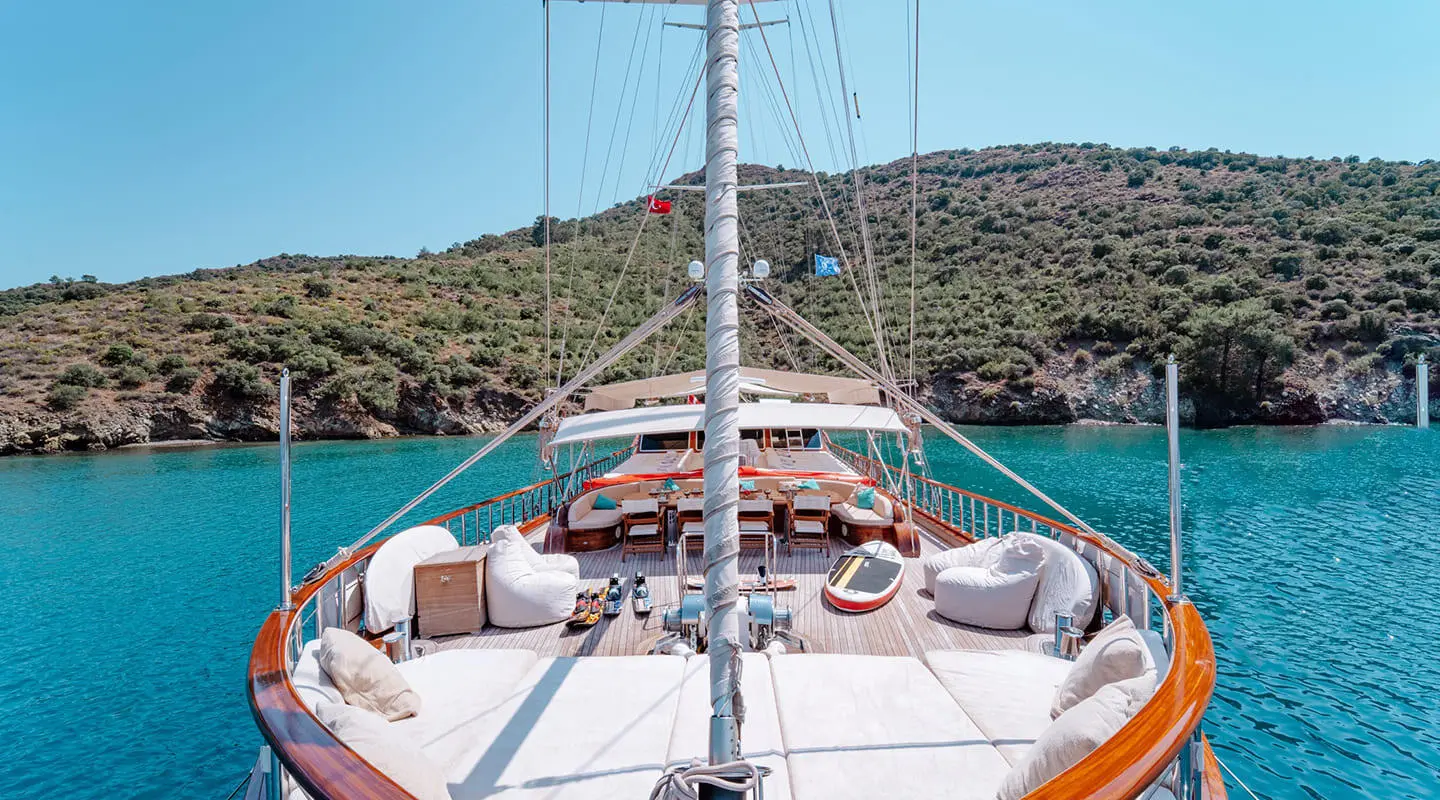 Gulet Lycian Queen viewed from the bowspirit on a yacht