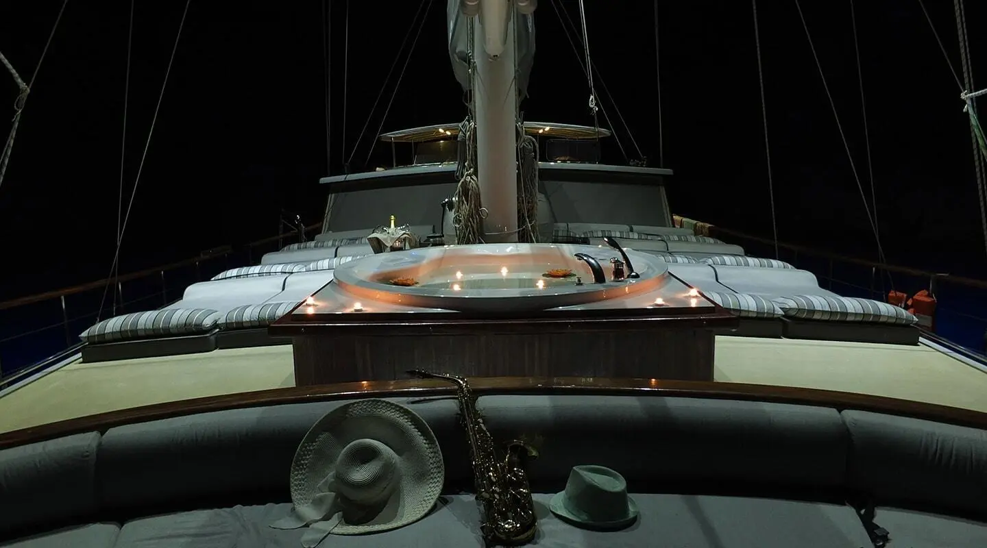 Gulet Kaptan Mehmet Bugra sun deck with wooden hull and deck furniture
