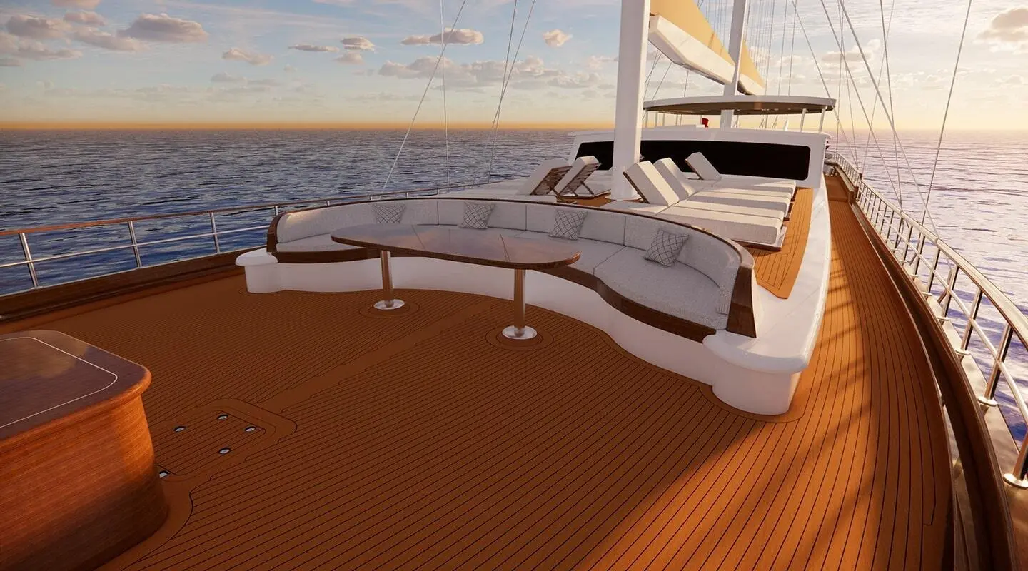 Tosca luxury gulet deck at sunset with seating and ropes on orange deck