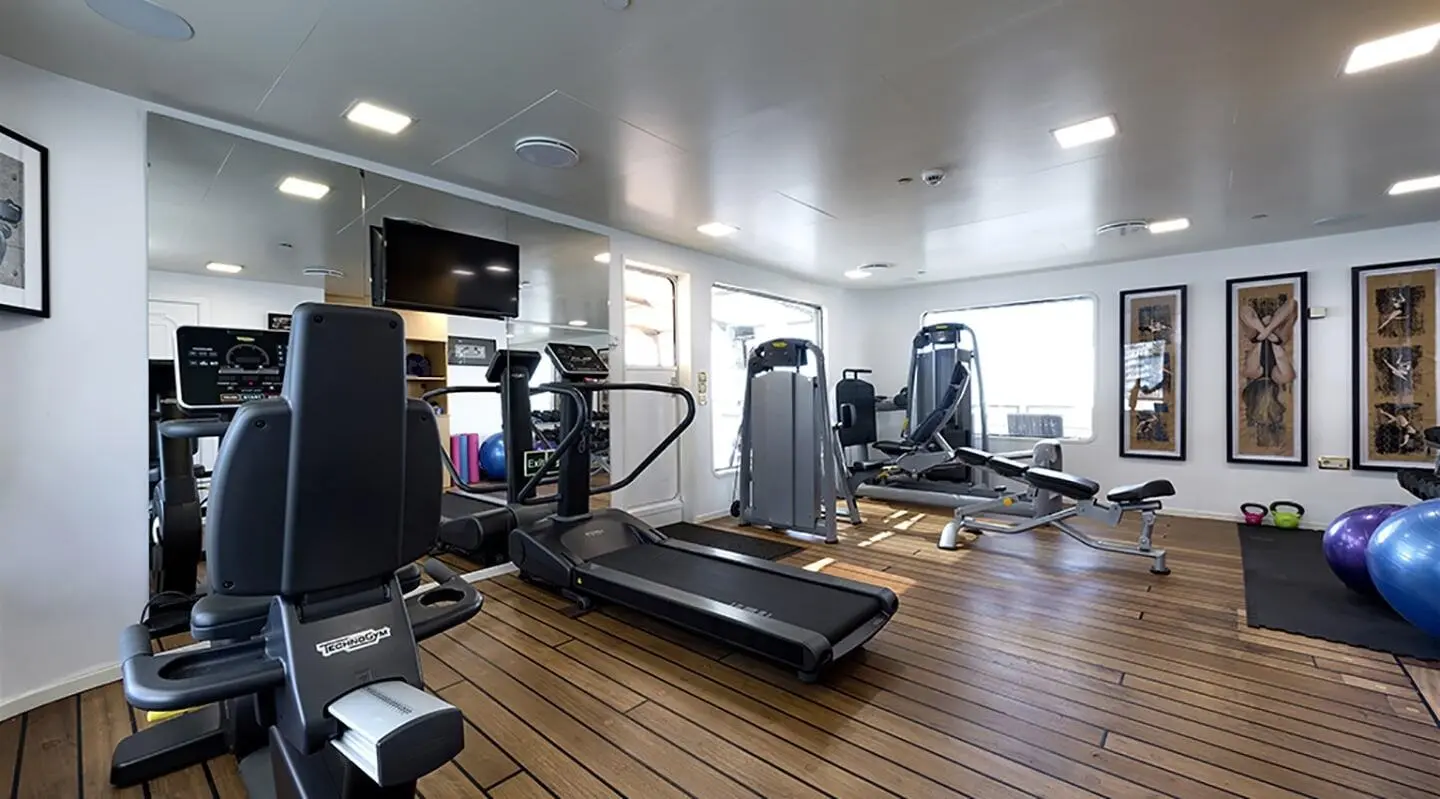 Chakra yacht gym deck with treadmills and fitness equipment on wooden floor