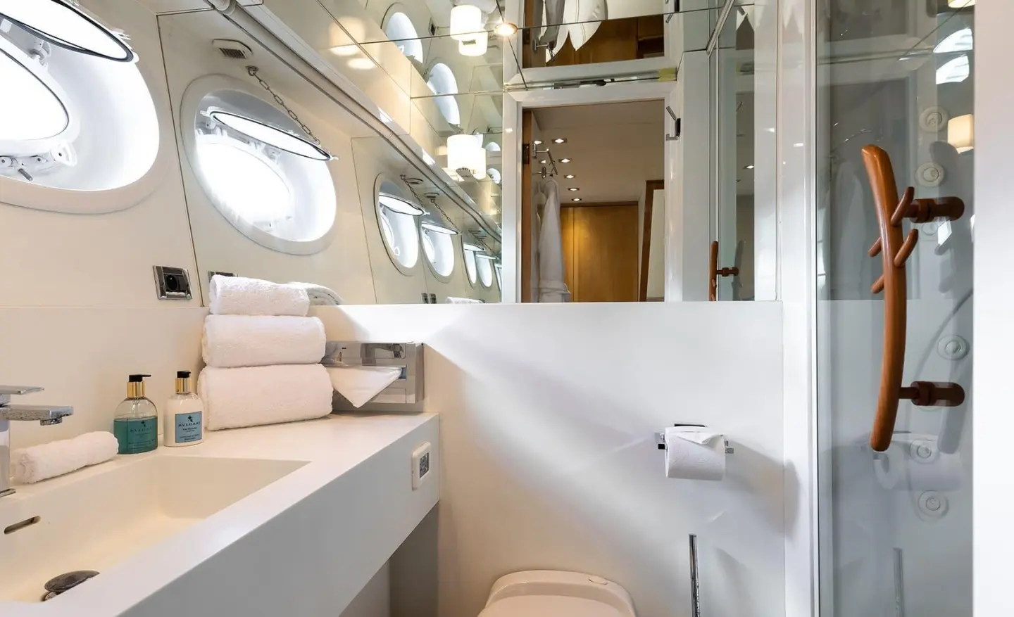 Yacht Brooklyn interior bathroom with white surfaces and small window