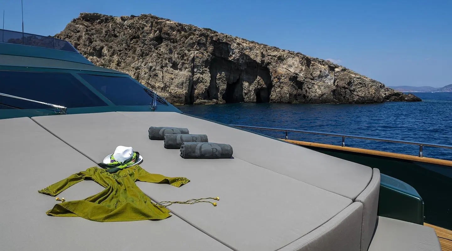 View of the Cant Remember yacht from the bow deck with ropes and colorful gear laid out