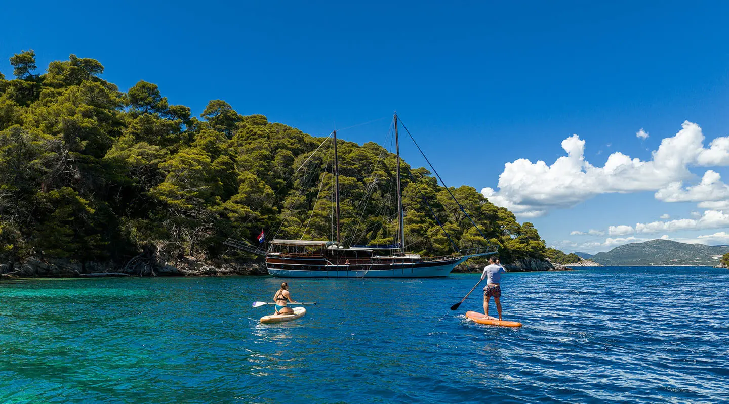 Eleganza gulet with water toys and clear blue sea scenery
