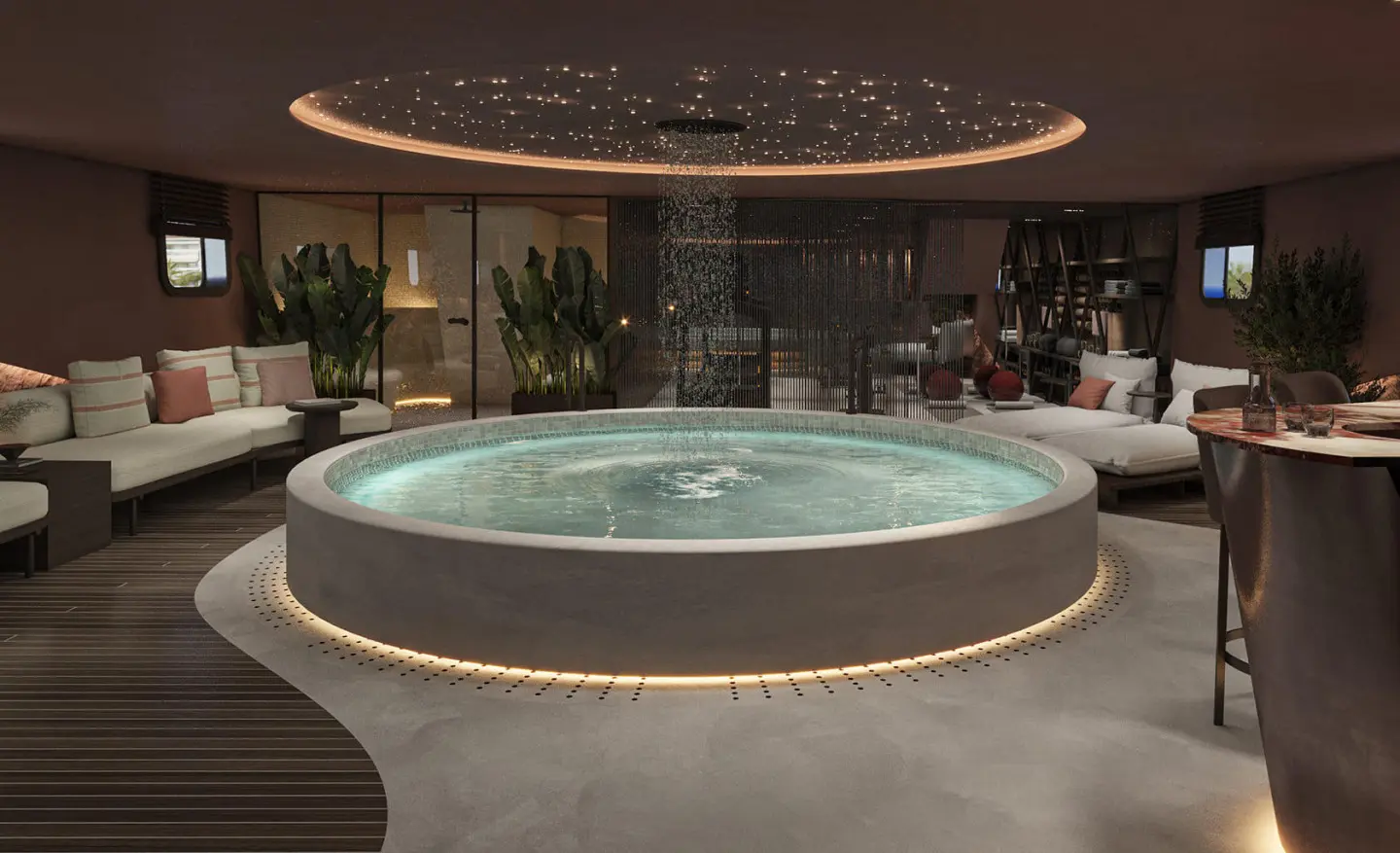 Bello yacht spa area with a round hot tub