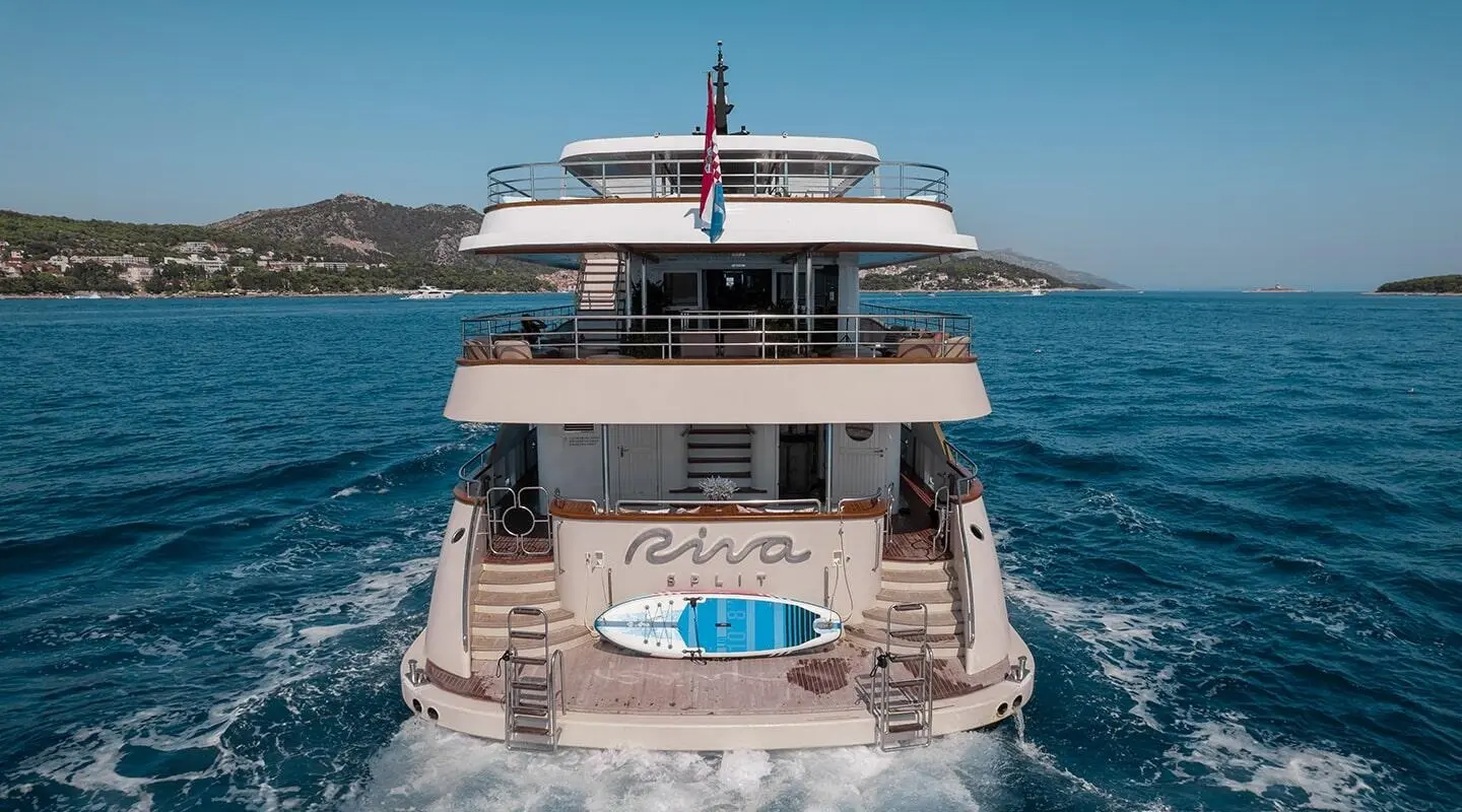 Rear view of a white Riva luxury yacht cruising on blue sea, clear sky