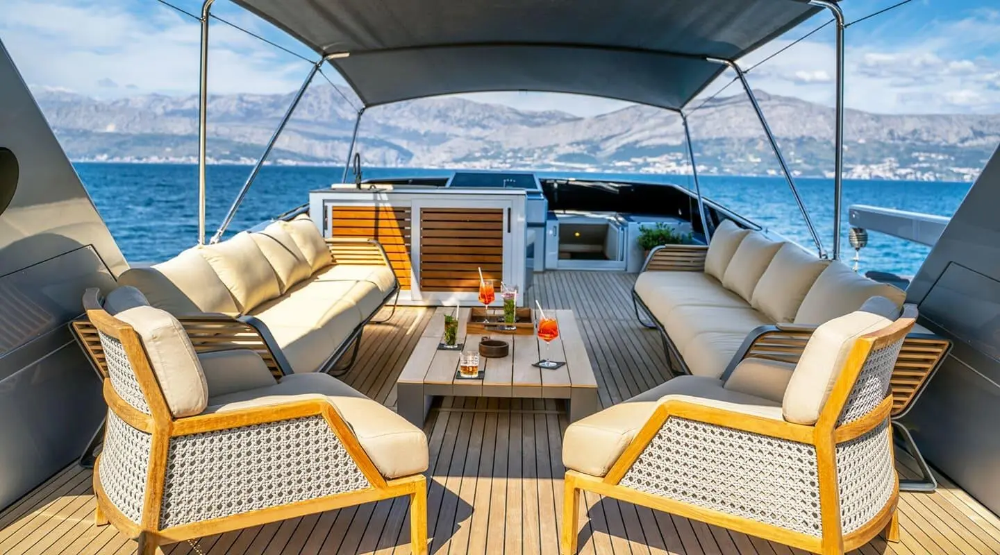 Phantom luxury yacht cockpit seating under shaded deck at sunset