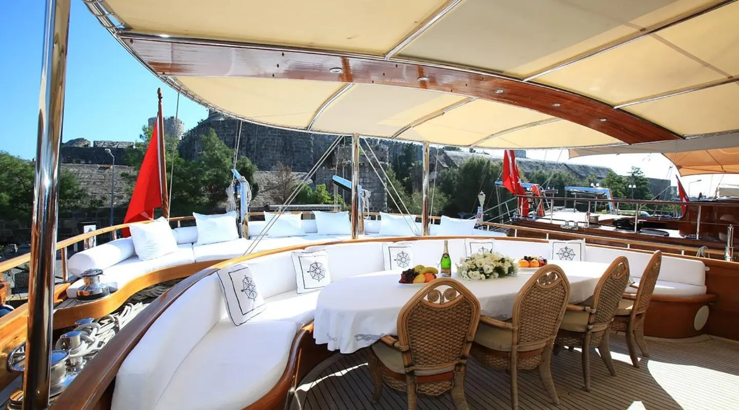 Luxurious sailing yacht Kaya Guneri 5 on calm waters with shaded seating under canopy