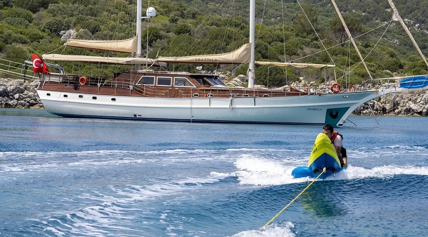 Arabella luxury gulet yacht anchored with blue water and clear sky