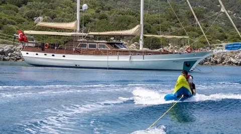 Arabella luxury gulet yacht anchored with blue water and clear sky
