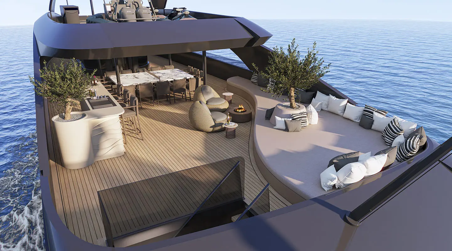 Bello motor yacht sun deck with seating, shade canopy, and ocean view