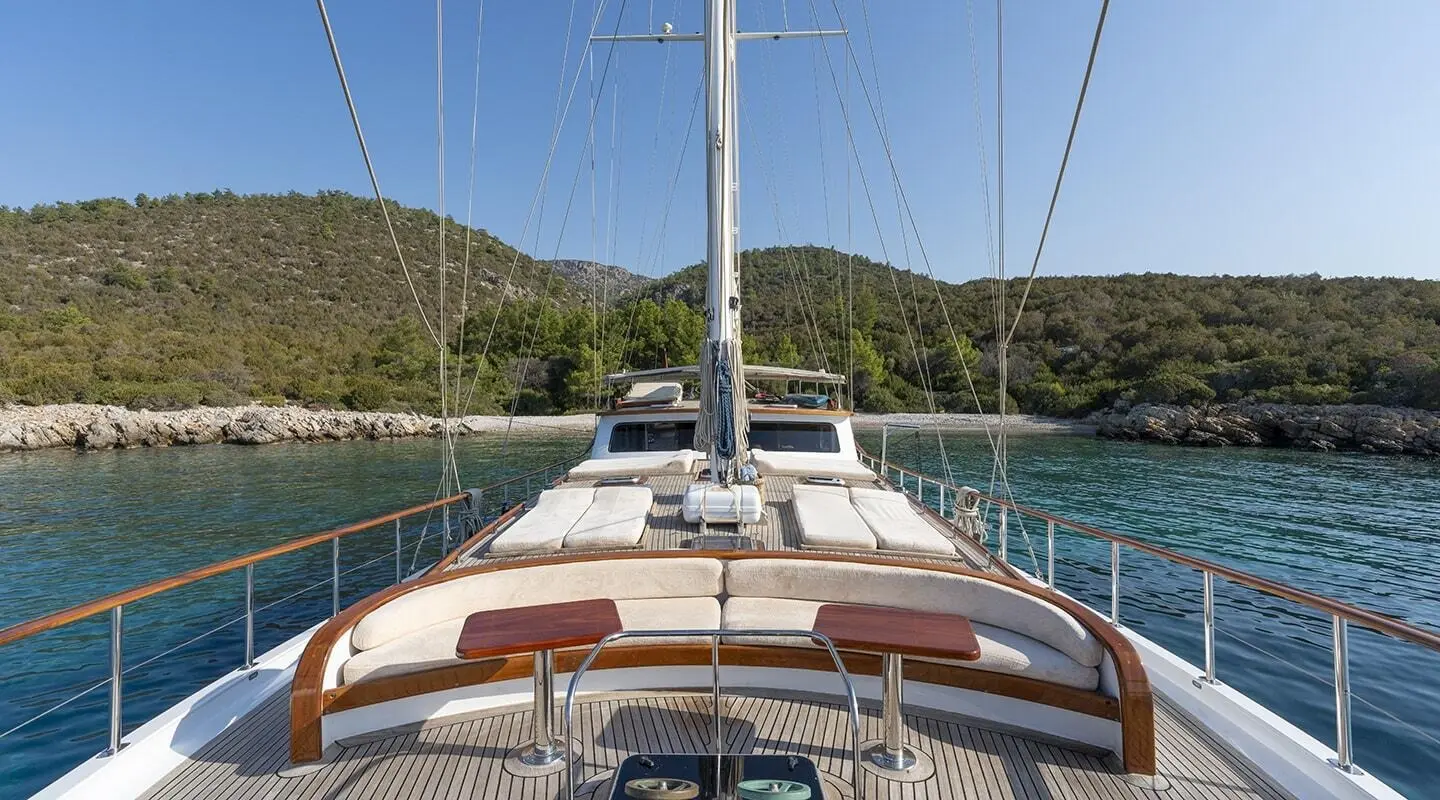 Artemis yacht gulet sun deck view with forward seating and deck cushions