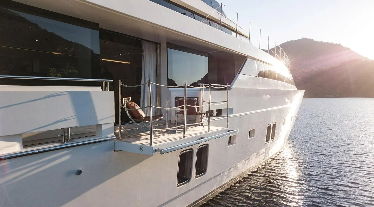 Morning Star motor yacht balcony view with side deck and glass sliding doors