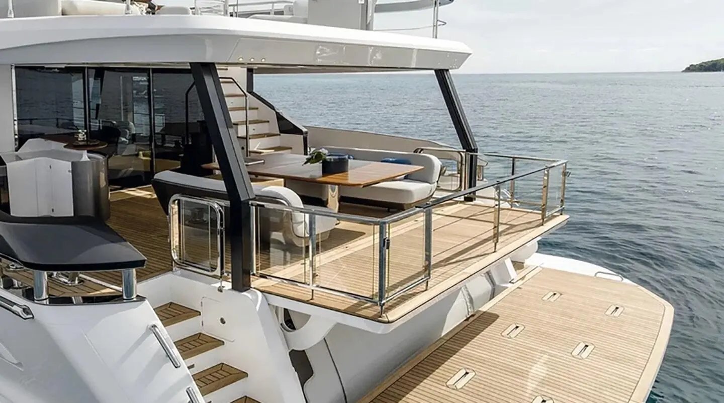 Viva II yacht aft deck with seating, shade canopy, ocean view