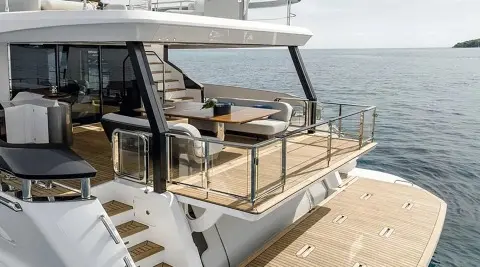 Viva II yacht aft deck with seating, shade canopy, ocean view