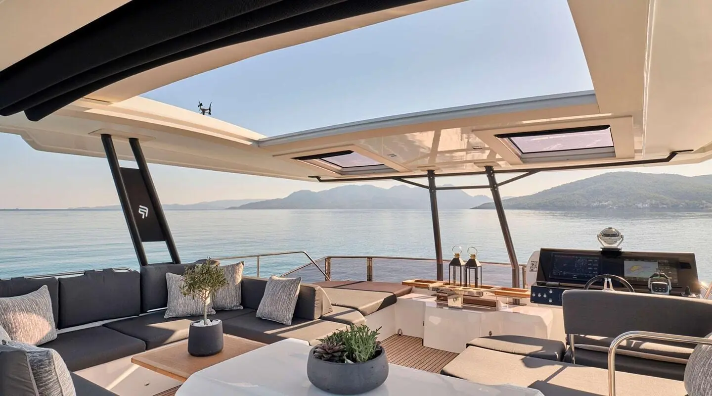 Christal Mio motor yacht flybridge with seating area