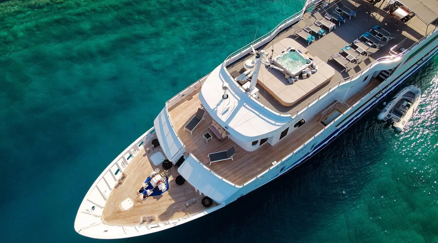 Aerial view of Lupus Mare luxury yacht cruising turquoise waters with sun loungers on deck
