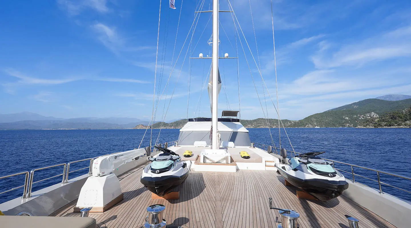 On the yacht deck of King Of The Sea, sea, railing, and clear blue sky