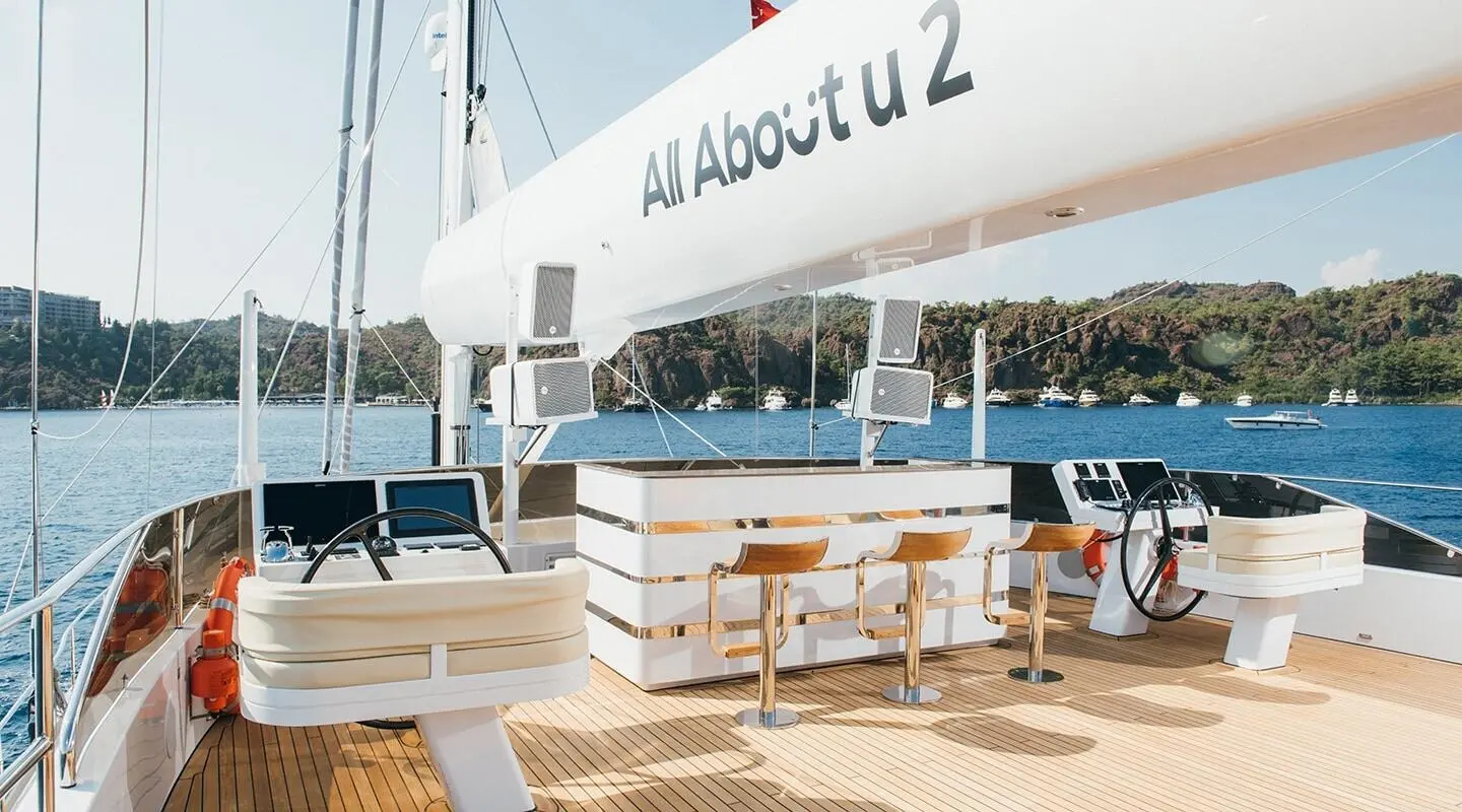 Yacht All About U 2 with shaded deck seating and white canopy over lounge area