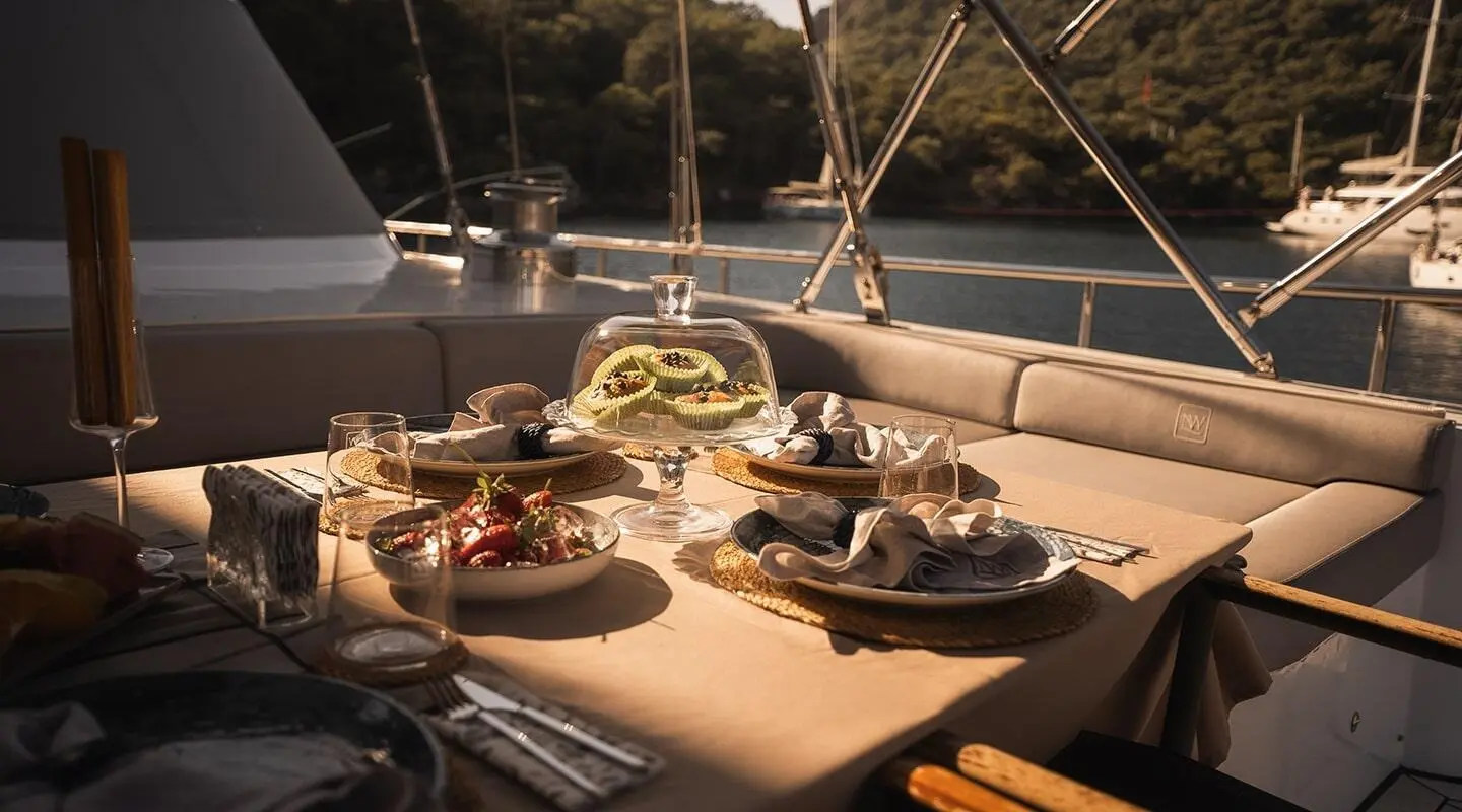 North Wind yacht table set for dining at sunset on deck with chairs