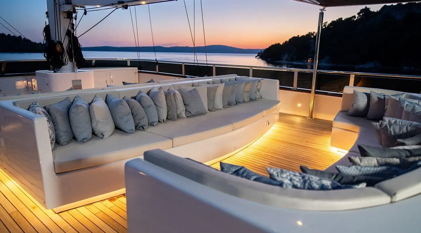 Anima Maris yacht at sunset with lounge seating and deck lighting