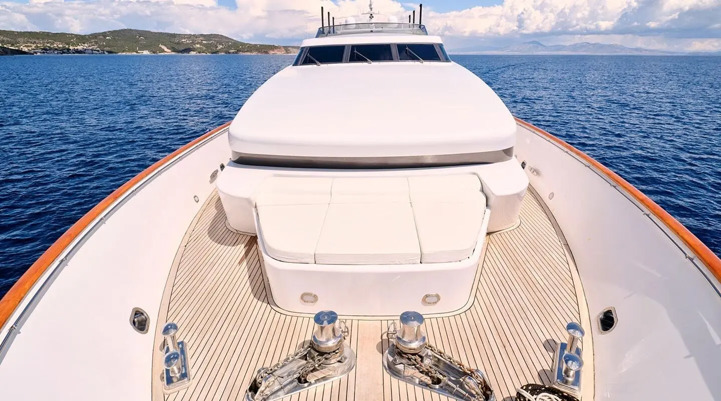 Top-down view of Mobius yacht bow deck with seating and railings