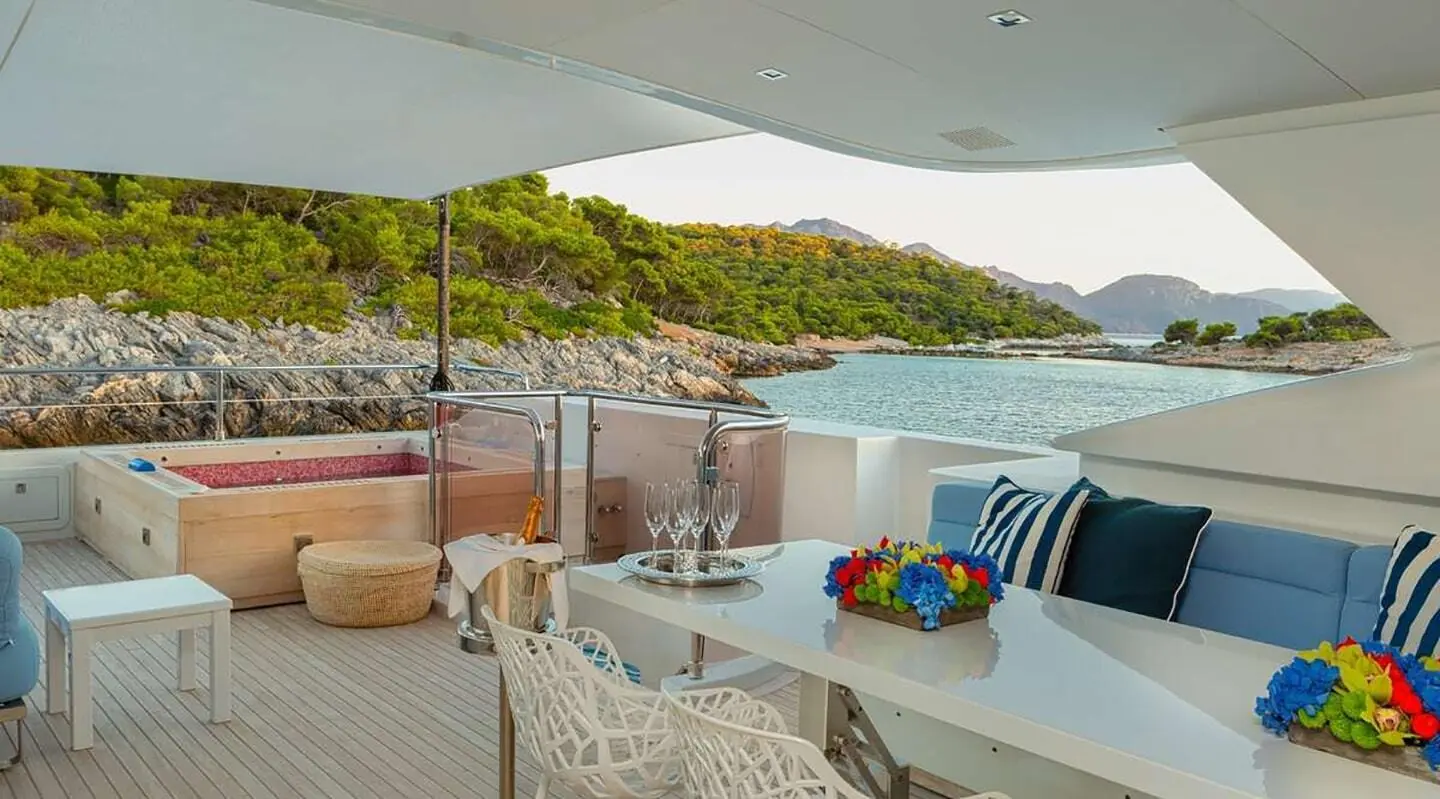 Sea Wolf yacht deck lounging area with chairs and table, sea view