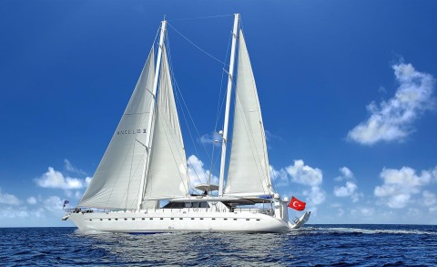 Angelo II yacht with white hull and two masts sailing on open sea