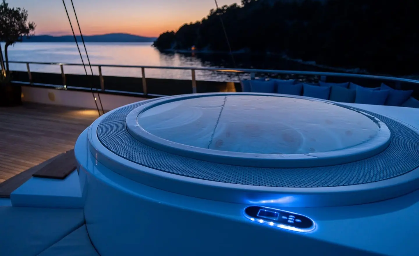 Anima Maris yacht deck at sunset, white railing, calm water, blue hull curve