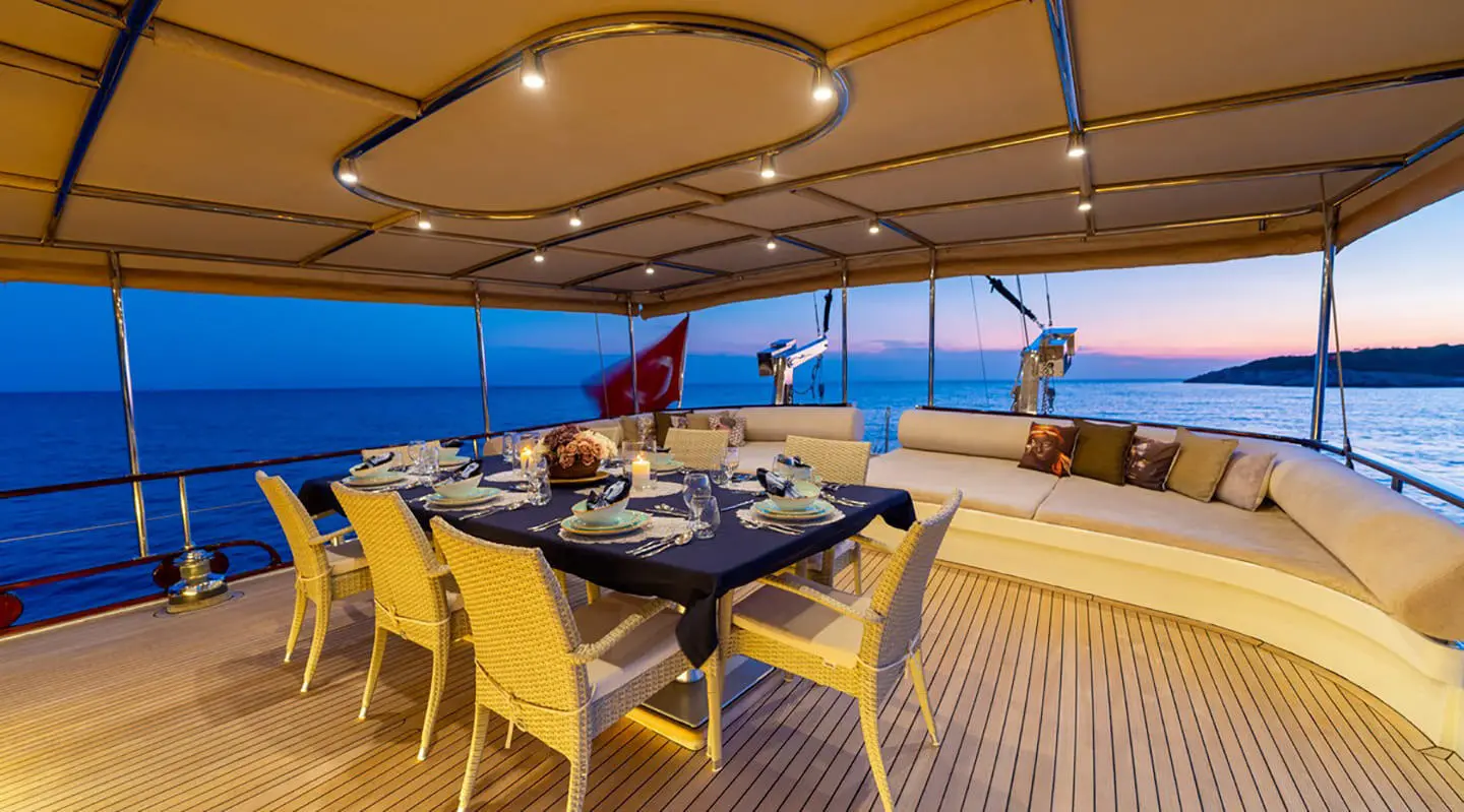 Aft deck dining setup on gulet Mein Schatz with shaded canopy and sea view